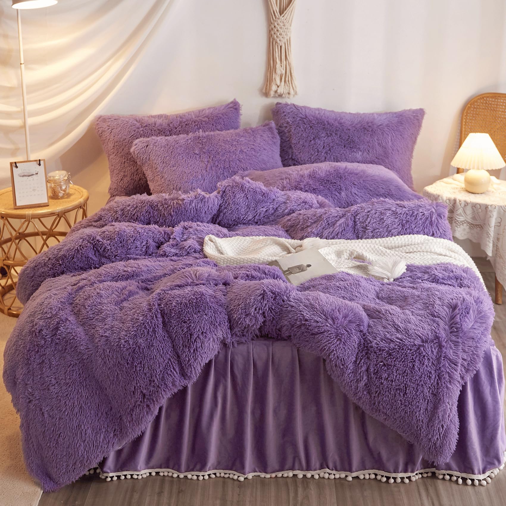 Haihua Fluffy Purple Comforter Cover King Set,Faux Fur Purple Comforter Cover Set 3 Pieces(1 Plush Duvet Cover +2 Shaggy Pillowc